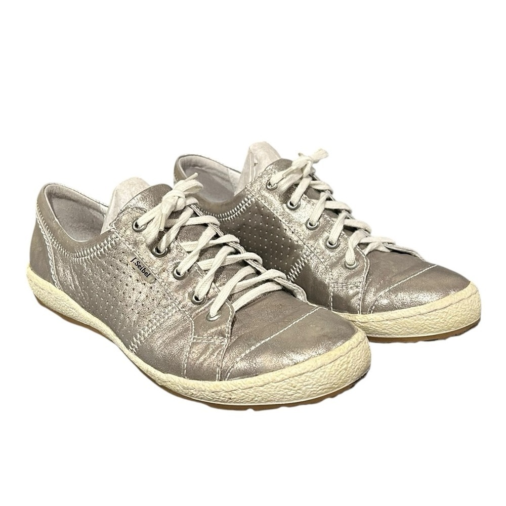 JOSEF SEIBEL Caspian Metallic Silver Pewter Leather Lace Up Comfort Sneakers 38